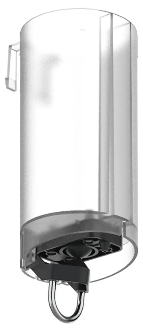 Transparenter Behälter mit schwarzem Pumpenmechanismus und Hebel, entworfen von Keuco. Der Behälter hat eine runde Form und einen Aufhänger an der Seite.